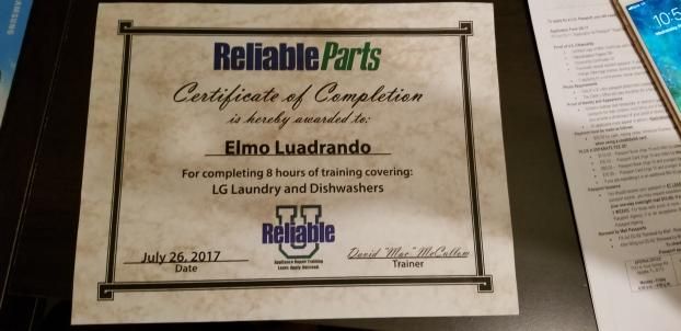 Certificate from Reliable Parts, certifying that Elmo Luadrando has completed an 8-hour course covering LG laundry appliances and dishwashers