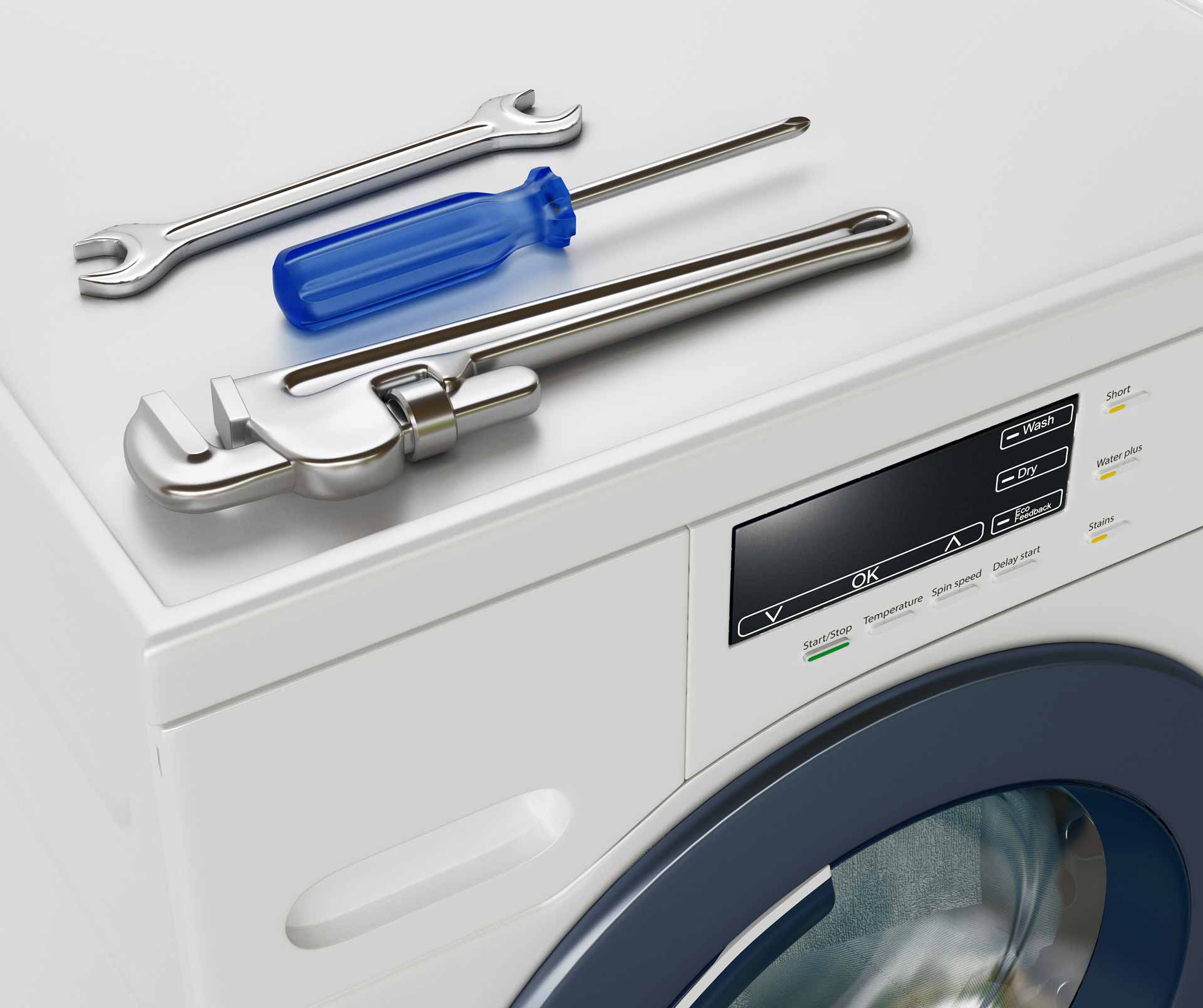 Two wrenches and a screwdriver on top of a washer/dryer